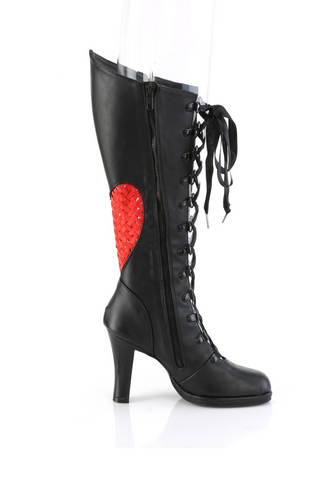 Inner side view of Demonia Glam-243 black knee-high lace-up boot with stiletto heel, zipper closure, and large red sequined heart patch on the calf