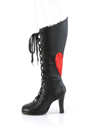 Side view of Demonia Glam-243 black knee-high lace-up boot with stiletto heel, featuring a large red sequined heart patch on the outer shaft