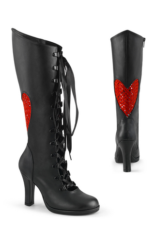 Pair of Demonia Glam-243 black knee-high lace-up boots with stiletto heel, featuring large red sequined heart patches on the outer calf and back