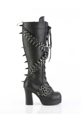 Demonia Gothika-108 black knee-high platform boot with vertical spine-like spike