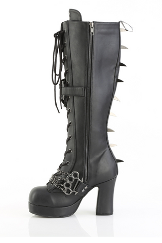 Demonia Gothika-108 black knee-high platform boot, inside view showing full side zipper, lace-up front, vertical heel spikes, and brass-knuckle chain detail across the foot