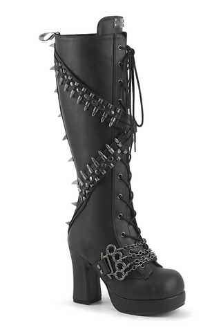 Demonia Gothika-108 black knee-high platform boot with bullet-like spikes, crisscross straps, chains, and a brass-knuckle buckl