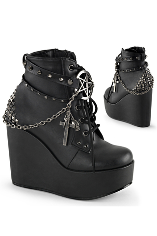 Demonia Poison-101 black wedge boots with chains, studs and lace-up front