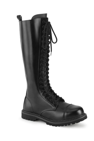 Black knee-high leather combat boots with steel toe cap, 20-eyelet lace-up front.