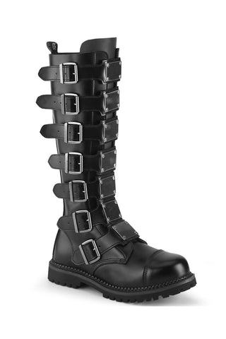Black leather knee-high combat boots with buckle straps, metal plate detailing and reinforced toe