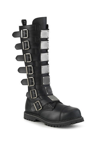 Demonia Riot-21MP black knee-high boots with multiple buckle straps, front metal plates and steel toe design