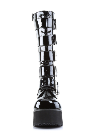 front view of demonia trashville-518 black patent platform boots