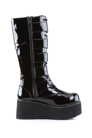 Inner side view of demonia trashville-518 black patent platform boots