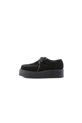 Inner side view of demonia v-creblack suede creeper shoe with thick ribbed sole on a white background.per-502s 
