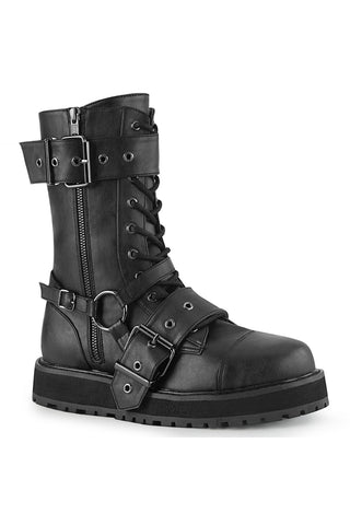 Black Punk mid-calf combat boot with O-ring buckle straps, laces, and side zipper on a chunky platform sole.