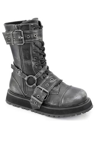 Demonia Valor-220 distressed black combat boots with harness straps and platform sole.