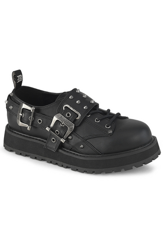 Black platform oxford shoes Demonia vlor-38 with silver metal buckles, studs, and laces, displayed on a white background.