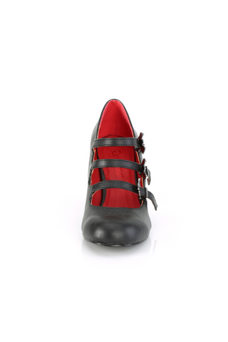 Front view of a black block heel Mary Jane shoe with triple bat buckle straps and red inner lining, on a white background.