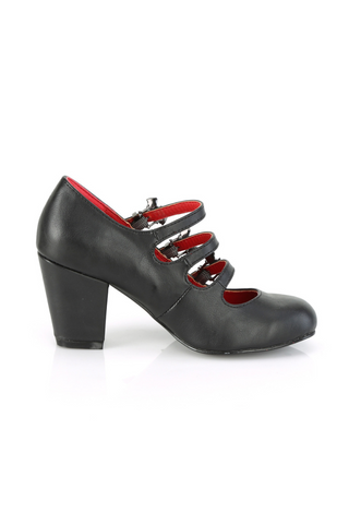 Inner side view of a black block heel Mary Jane shoe with triple bat buckle straps and red lining, shown on a white background