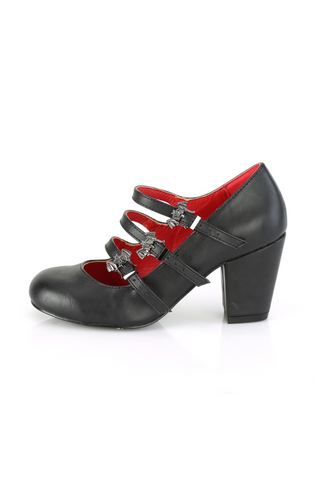 Side view of a black block-heeled Mary Jane shoe with triple bat-shaped buckle straps and a red interior, displayed on a white background.