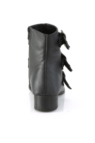 Back view of Demonia Warlok-50-C black ankle boot showing heel and buckle straps on white background