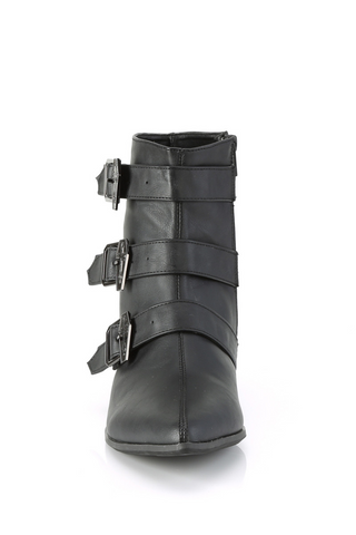 Front view of Demonia Warlok-50-C black ankle boot with three silver gothic buckles on white background
