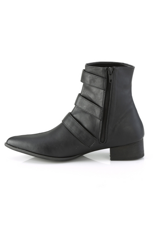 Inner side view of Demonia Warlok-50-C black ankle boot with zipper and smooth straps on white background
