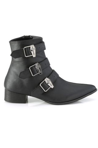 Side view of Demonia Warlok-50-C black ankle boot with three silver gothic buckles on white background