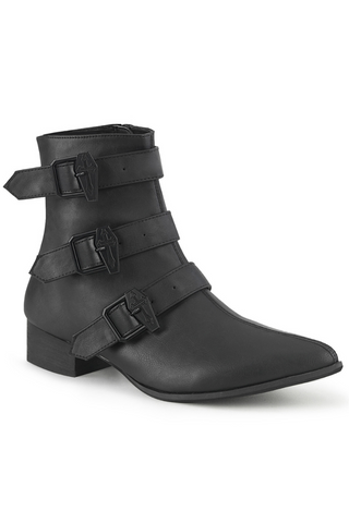 Black Demonia Warlok-50-C ankle boot with three gothic buckles and pointed toe on a white background