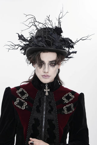 Blackthorn Crown Gothic Forest Fae Top Hat with black roses, branches and dark foliage