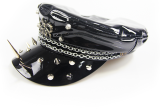 Black patent studded chain cap with spikes angled side view