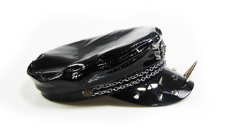 Black patent studded chain cap with spikes side view