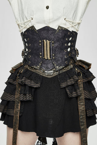 Close-up of Devil Fashion AS045 Steampunk waist cincher showing bronze front clasp, distressed faux leather, and side lacing over layered skirt detail.