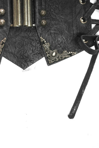 Close-up of Devil Fashion AS045 Steampunk corset showing bronze front clasp, faux leather texture, and decorative scrollwork on pointed front panels.