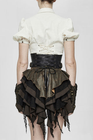 Back view of Devil Fashion AS045 Steampunk waist cincher showing black faux leather, back lacing, and layered ruffle skirt over a white blouse.