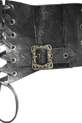 Close-up of Devil Fashion AS045 Steampunk waist cincher showing ornate bronze-tone buckle and faux leather texture with side lacing eyelets.