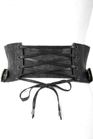 Flat lay of Devil Fashion AS045 Steampunk waist cincher showing black faux leather back panel with adjustable lacing and side buckle details.