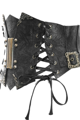 Side view of Devil Fashion AS045 Steampunk waist cincher showing black faux leather texture, bronze scroll buckle, side lacing, and front clasp detail.