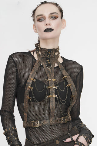 Woman wearing devil fashion as065 Steampunk body harness with chains and buckles over black mesh top