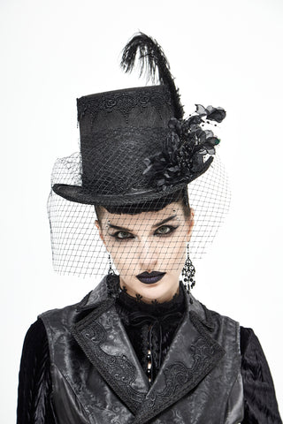 Victorian gothic black top hat with feather plume, lace detail, and face veil front view worn by model