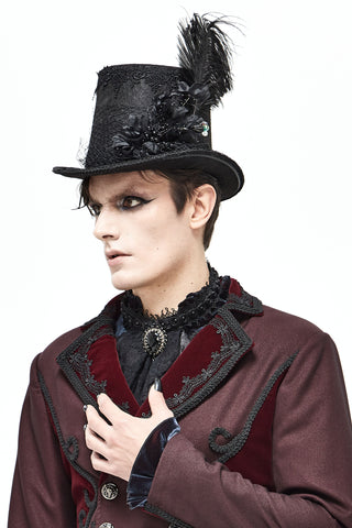 Victorian gothic black top hat with feather plume, lace detail, and veil side view worn by model