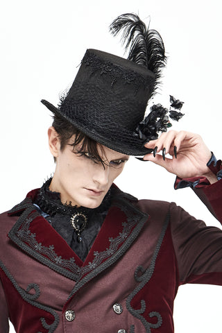 Victorian gothic black top hat with feather plume, lace detail, and veil worn by model