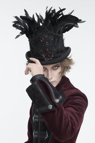 Men’s Gothic black wool felt top hat with black feathers, beaded embroidery applique, and red rhinestones – Devil Fashion AS087 Crown of the Raven King.