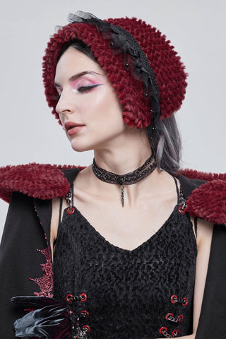 Model wearing a dark red plush gothic collar as a headband with black lace trim