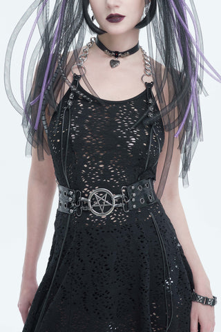 Gothic pentagram harness belt with metal ring and adjustable straps worn on black dress