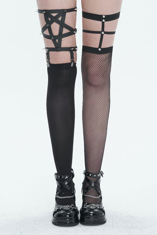 Front view of Devil Fashion AS156 tights with pentagram harness on one leg and fishnet on the other