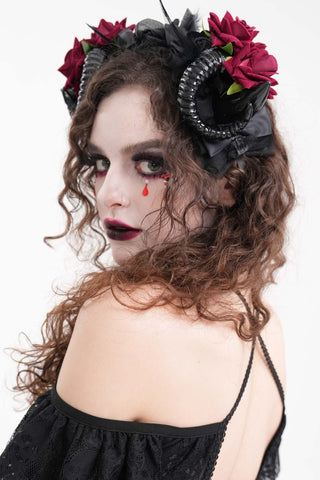 Gothic black ram horn headpiece with burgundy roses and floral accents