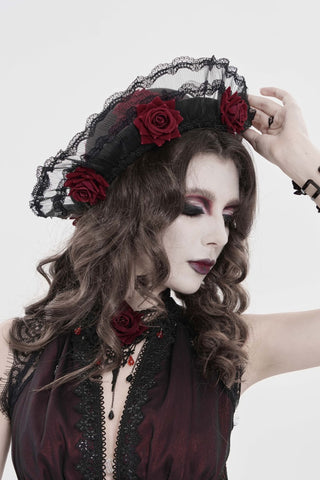 Blood Rose Gothic bonnet headpiece with black lace ruffles and deep red roses