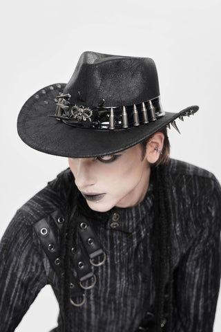 Black western hat with bullet band and spike studs worn in gothic post-apocalyptic style