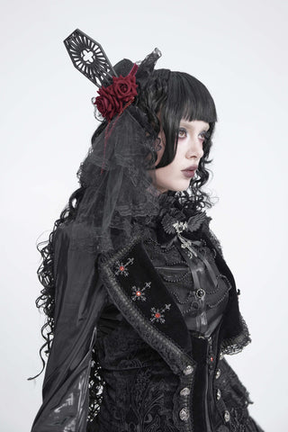 Model wearing the Devil Fashion AS304 black mini top hat fascinator with burgundy roses, a coffin ornament and a lace-trimmed veil.