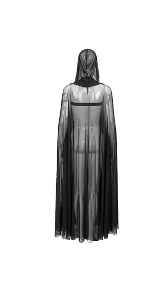 Back view of a mannequin wearing a sheer black hooded cape, fully transparent, displayed against a white background.