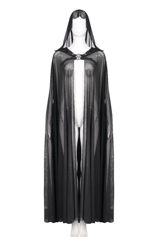 Front view of a long black sheer cape with a hood, displayed on a faceless white mannequin against a white background.