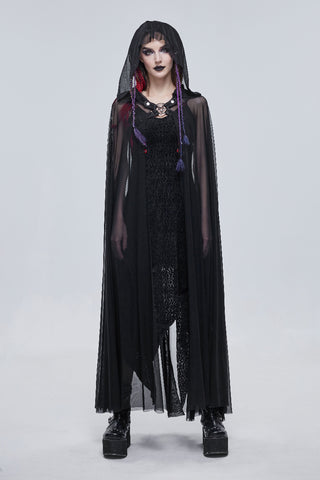 Woman in a long black lace dress wearing a sheer hooded cape, standing front-facing on a white background. Her makeup is dark and dramatic, and she has red and purple braided hair strands. She wears black platform boots.