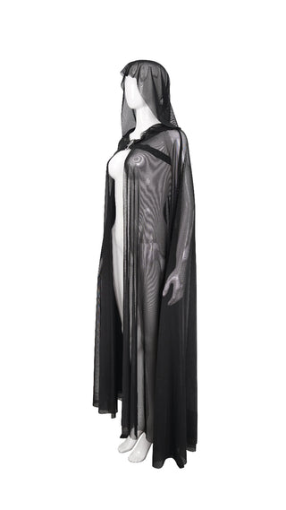 Side view of a sheer black hooded cape displayed on a white mannequin against a plain background.