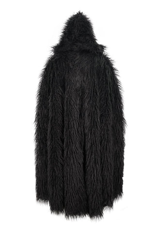Back view of long black faux fur cloak with oversized hood on white background.